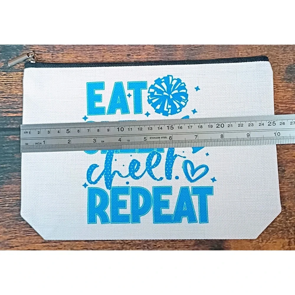 Eat Sleep Cheer Repeat Canvas Makeup Bag Blue Cheerleading Pouch Organizer‎